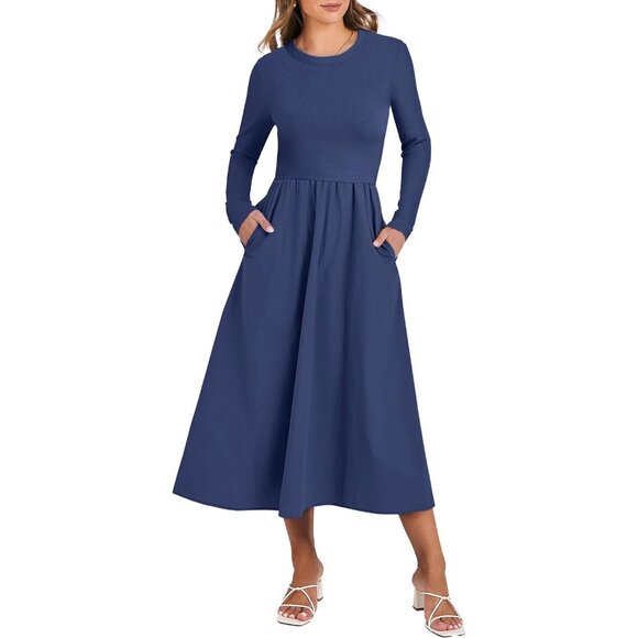 Long Sleeve Midi Dress Womens Fall Casual Rib Knit Patchwork Large